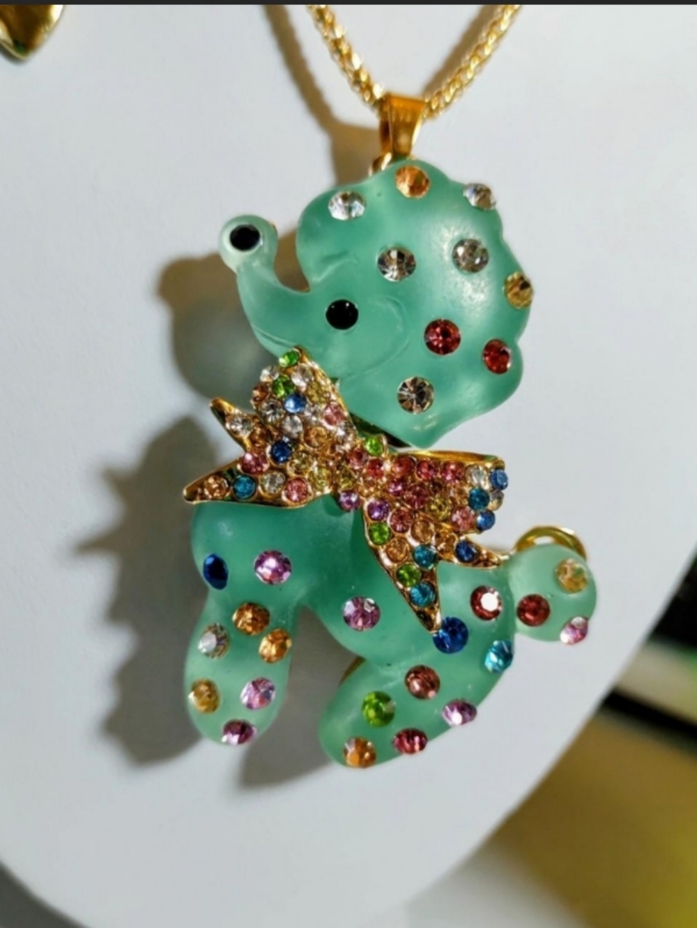Green Crystal-Embellished Elephant Pendant Necklace